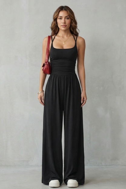 Darcy | Wide-Leg Jumpsuit Black Jersey Sleeveless Ruched for Women