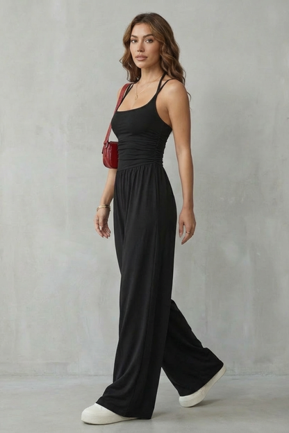 Darcy | Wide-Leg Jumpsuit Black Jersey Sleeveless Ruched for Women