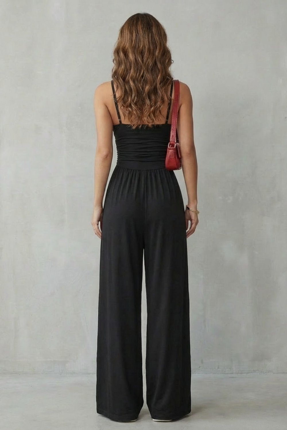 Darcy | Wide-Leg Jumpsuit Black Jersey Sleeveless Ruched for Women