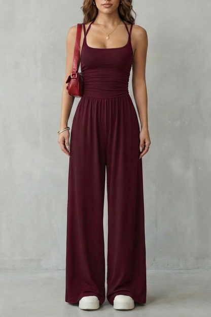 Darcy | Wide-Leg Jumpsuit Black Jersey Sleeveless Ruched for Women