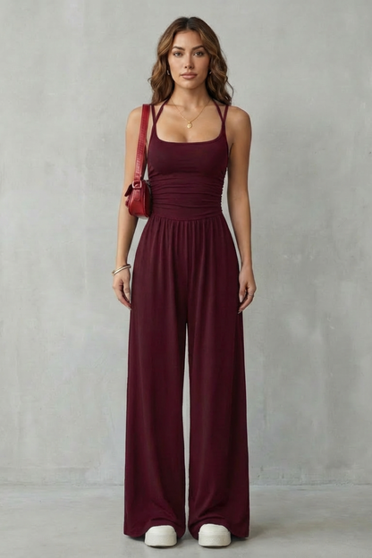 Darcy | Wide-Leg Jumpsuit Black Jersey Sleeveless Ruched for Women