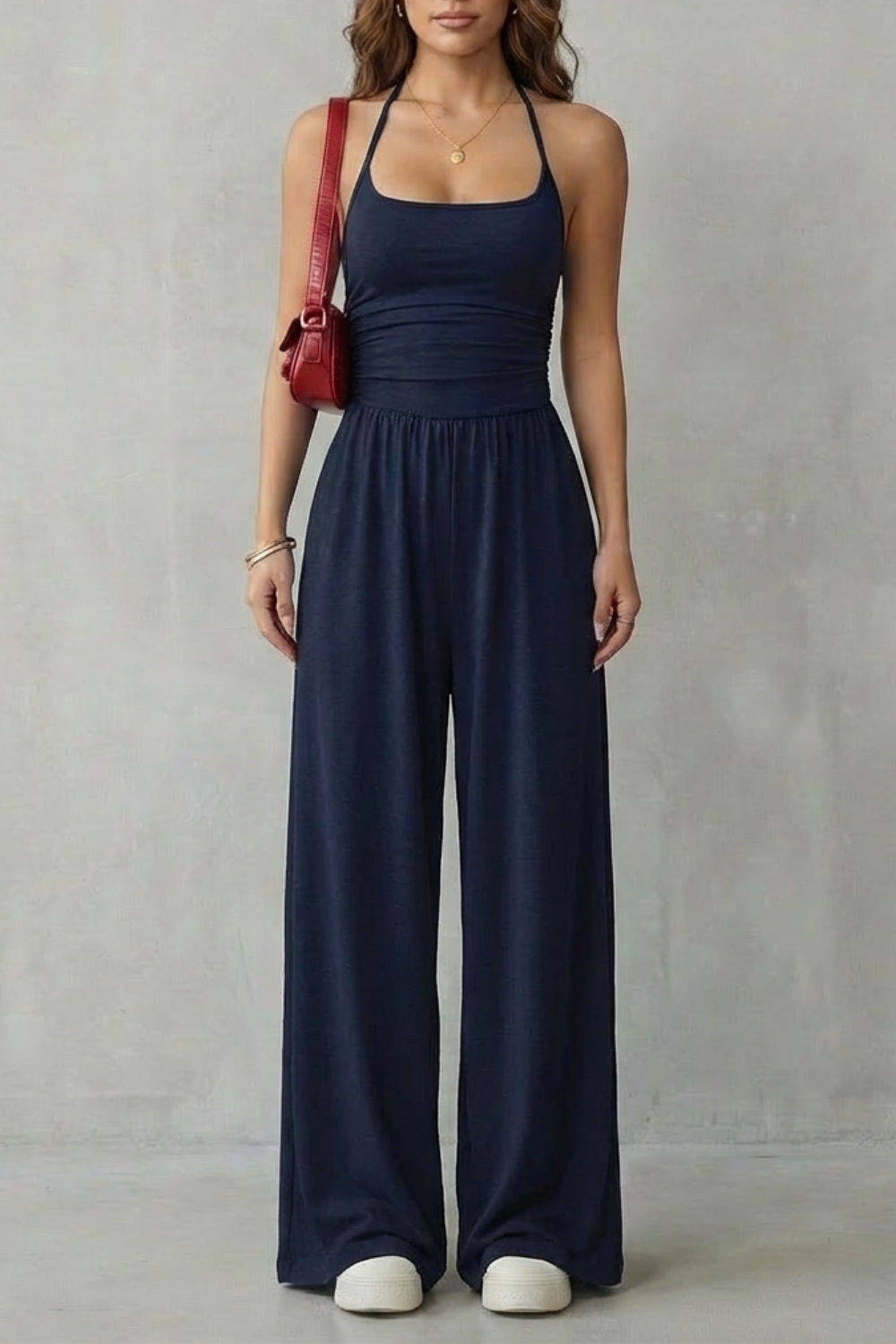 Darcy | Wide-Leg Jumpsuit Black Jersey Sleeveless Ruched for Women