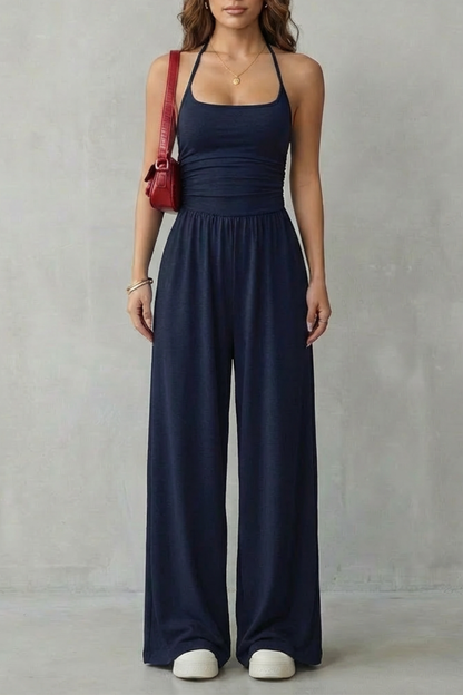 Darcy | Wide-Leg Jumpsuit Black Jersey Sleeveless Ruched for Women