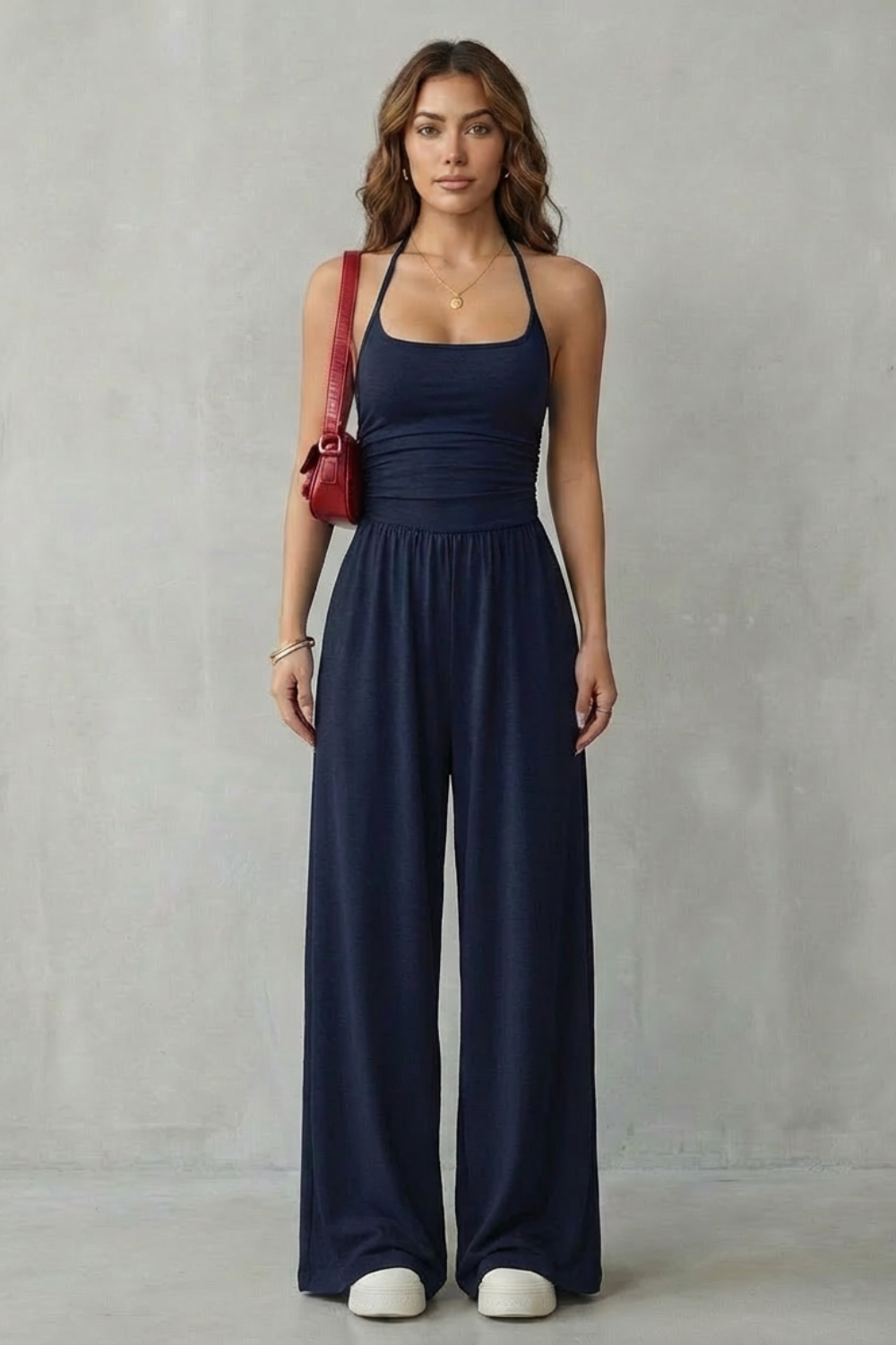 Darcy | Wide-Leg Jumpsuit Black Jersey Sleeveless Ruched for Women