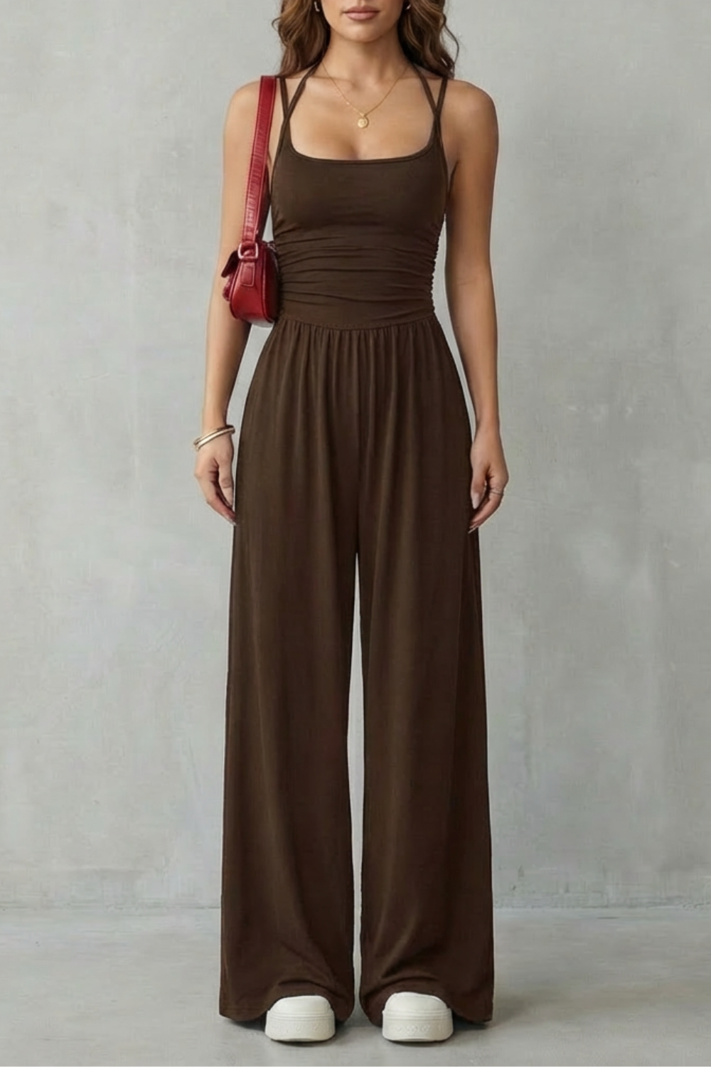 Darcy | Wide-Leg Jumpsuit Black Jersey Sleeveless Ruched for Women