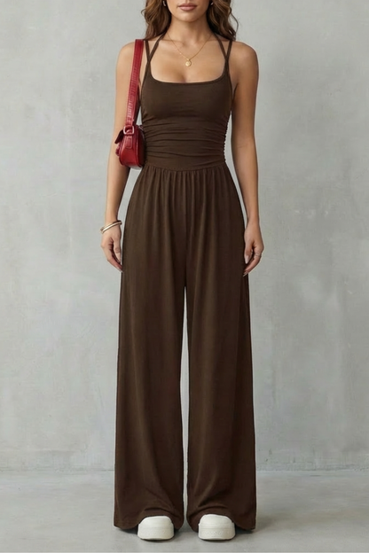 Darcy | Wide-Leg Jumpsuit Black Jersey Sleeveless Ruched for Women