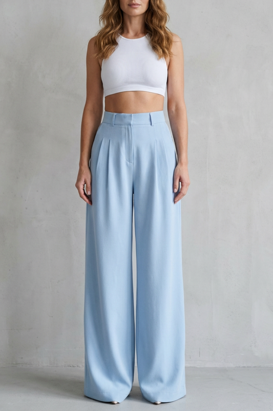 Phoebe | Wide-Leg Trousers Ice Blue Woven High-Waist Pleated for Women