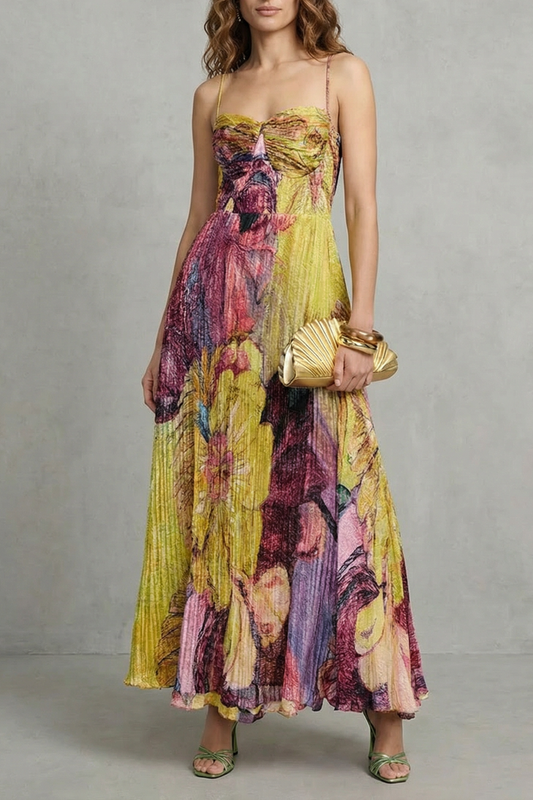 Rosalind | Maxi Dress Yellow Floral Pleated Chiffon Spaghetti Strap for Women