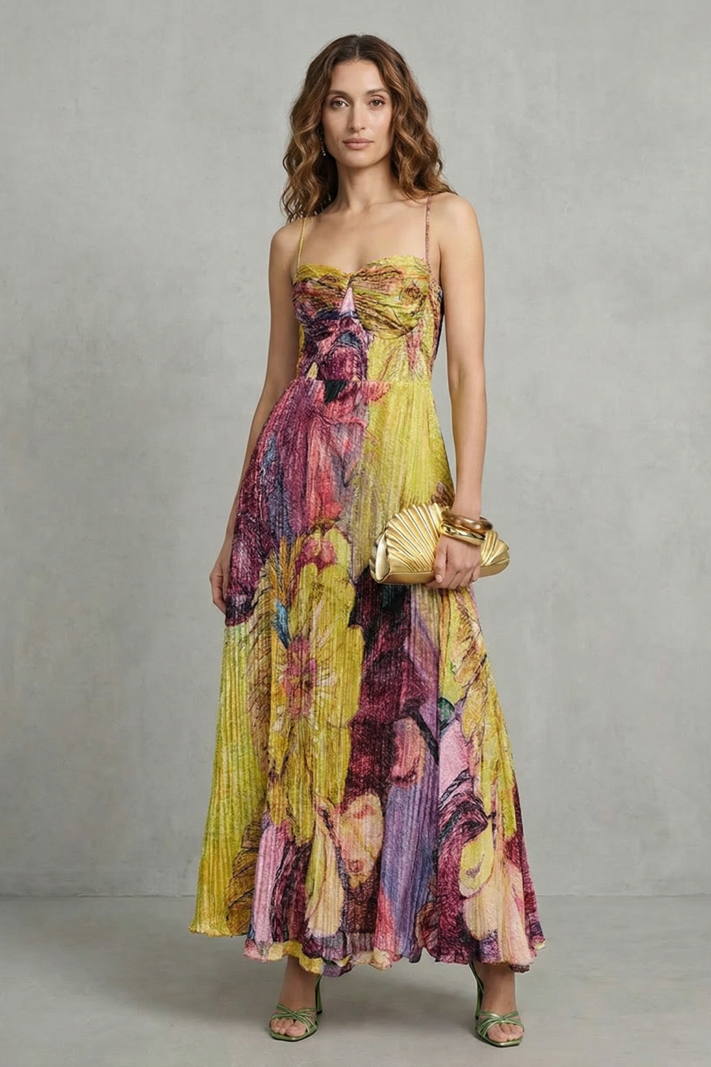 Rosalind | Maxi Dress Yellow Floral Pleated Chiffon Spaghetti Strap for Women