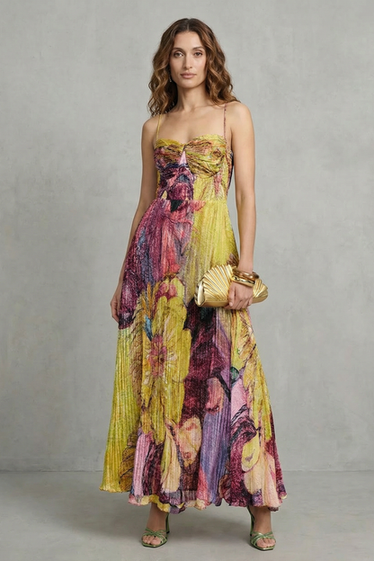 Rosalind | Maxi Dress Yellow Floral Pleated Chiffon Spaghetti Strap for Women