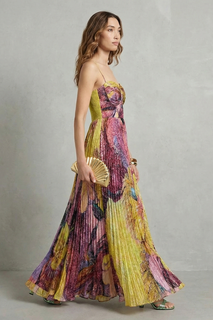 Rosalind | Maxi Dress Yellow Floral Pleated Chiffon Spaghetti Strap for Women