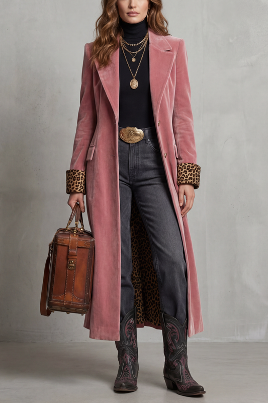 Phoebe | Long Overcoat Dusty Rose Velvet Leopard-Lined for Women
