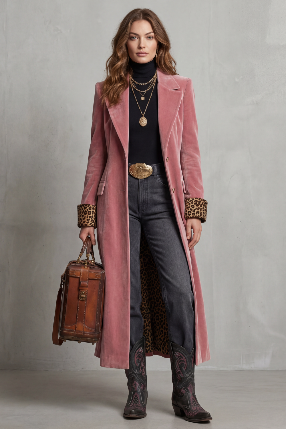Phoebe | Long Overcoat Dusty Rose Velvet Leopard-Lined for Women