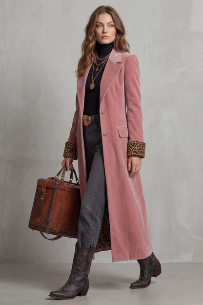 Phoebe | Long Overcoat Dusty Rose Velvet Leopard-Lined for Women
