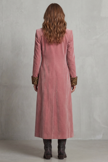 Phoebe | Long Overcoat Dusty Rose Velvet Leopard-Lined for Women