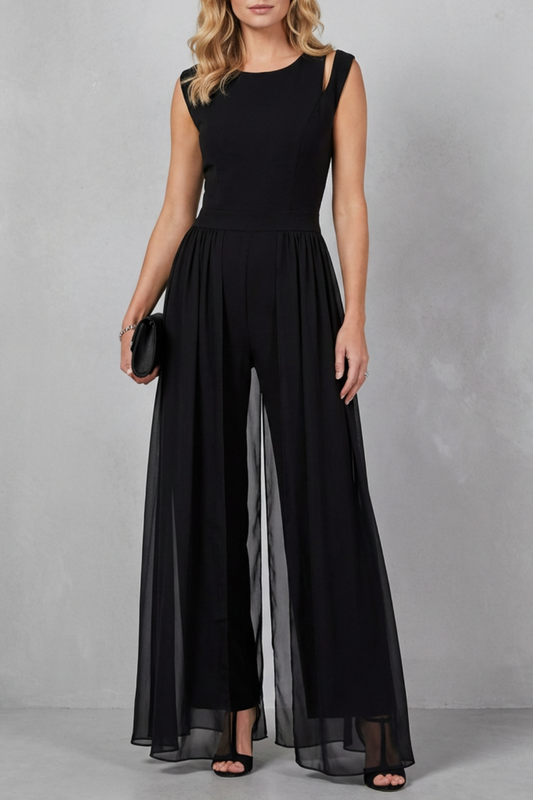 Phoebe | Sleeveless Jumpsuit Black Chiffon Wide-Leg Cutout for Women