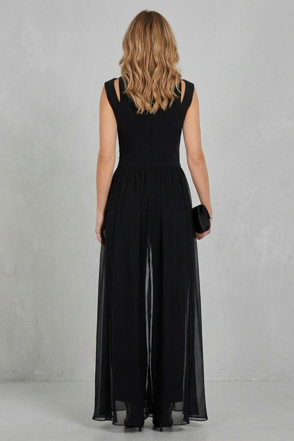 Phoebe | Sleeveless Jumpsuit Black Chiffon Wide-Leg Cutout for Women
