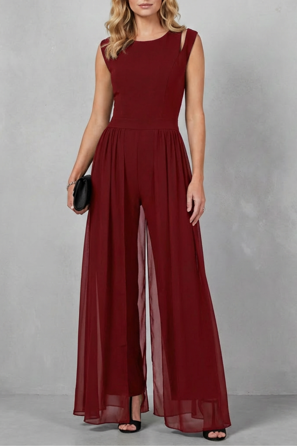 Phoebe | Sleeveless Jumpsuit Black Chiffon Wide-Leg Cutout for Women