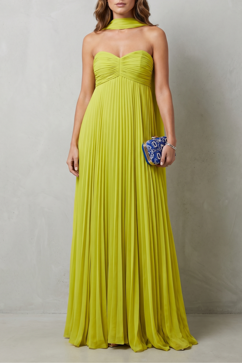 Corinna | Maxi Dress Chartreuse Pleated Halter Neck for Women