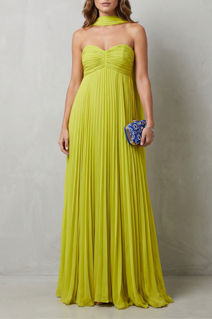 Corinna | Maxi Dress Chartreuse Pleated Halter Neck for Women