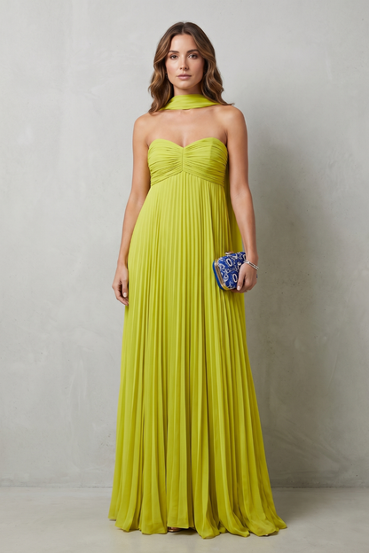Corinna | Maxi Dress Chartreuse Pleated Halter Neck for Women