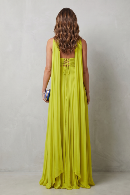 Corinna | Maxi Dress Chartreuse Pleated Halter Neck for Women