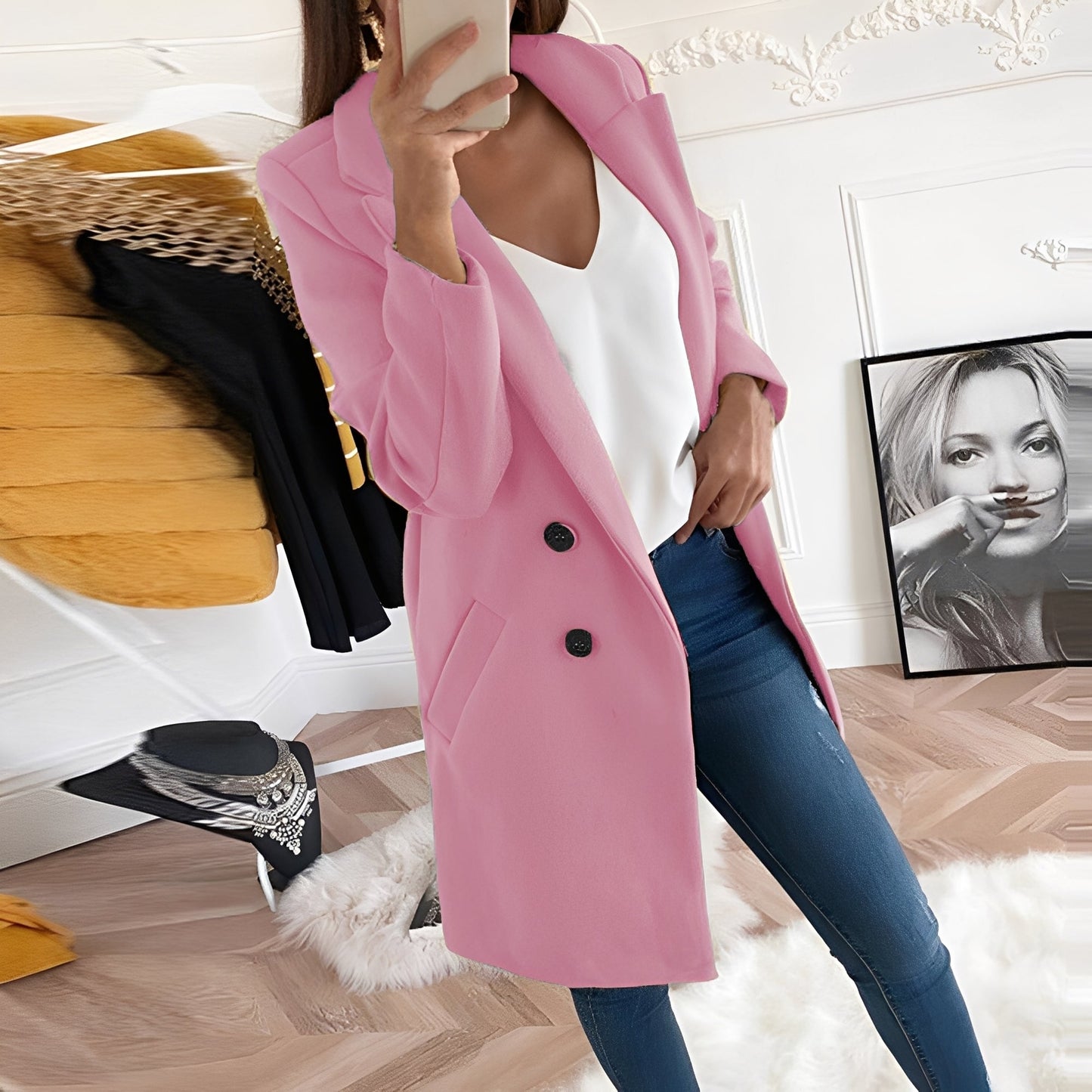 Phoebe | Overcoat Pink Wool-Blend Double-Breasted Tailored for Women