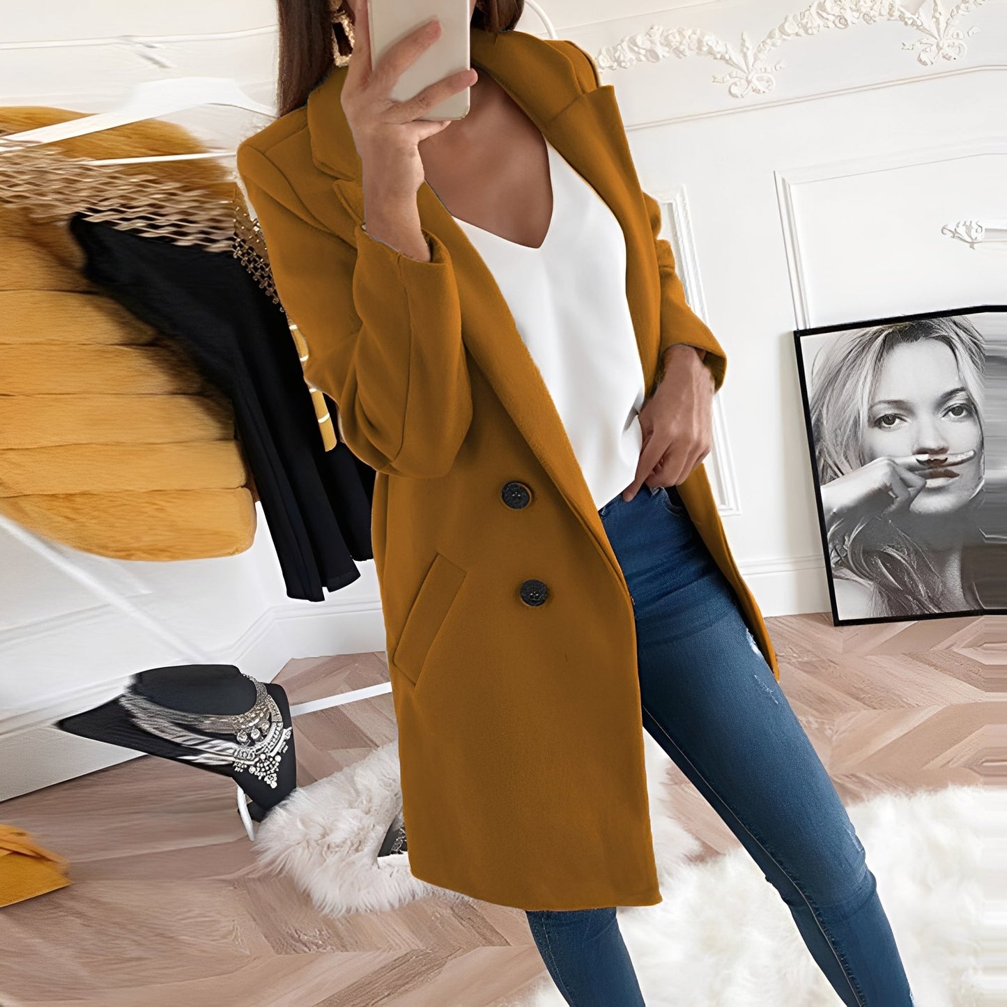 Phoebe | Overcoat Pink Wool-Blend Double-Breasted Tailored for Women