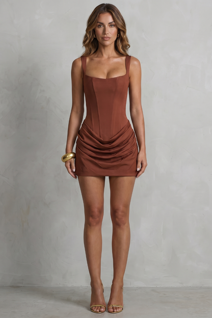 Esmée | Mini Corset Dress Chocolate Brown Satin Draped for Women