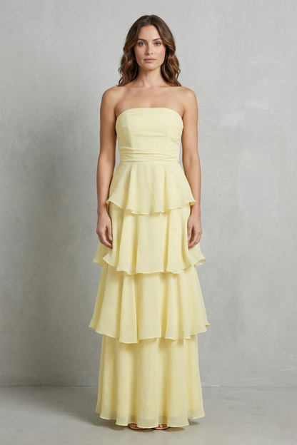 Phoebe | Maxi Dress Butter Yellow Chiffon Strapless Tiered for Women