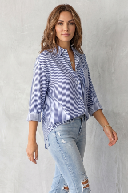 Phoebe | Shirt Blue White Stripe Cotton Relaxed Fit for Women