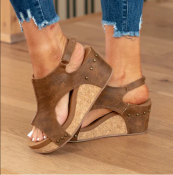 Nerys | Wedge Sandals Black Faux Leather Cork Platform Slingback for Women