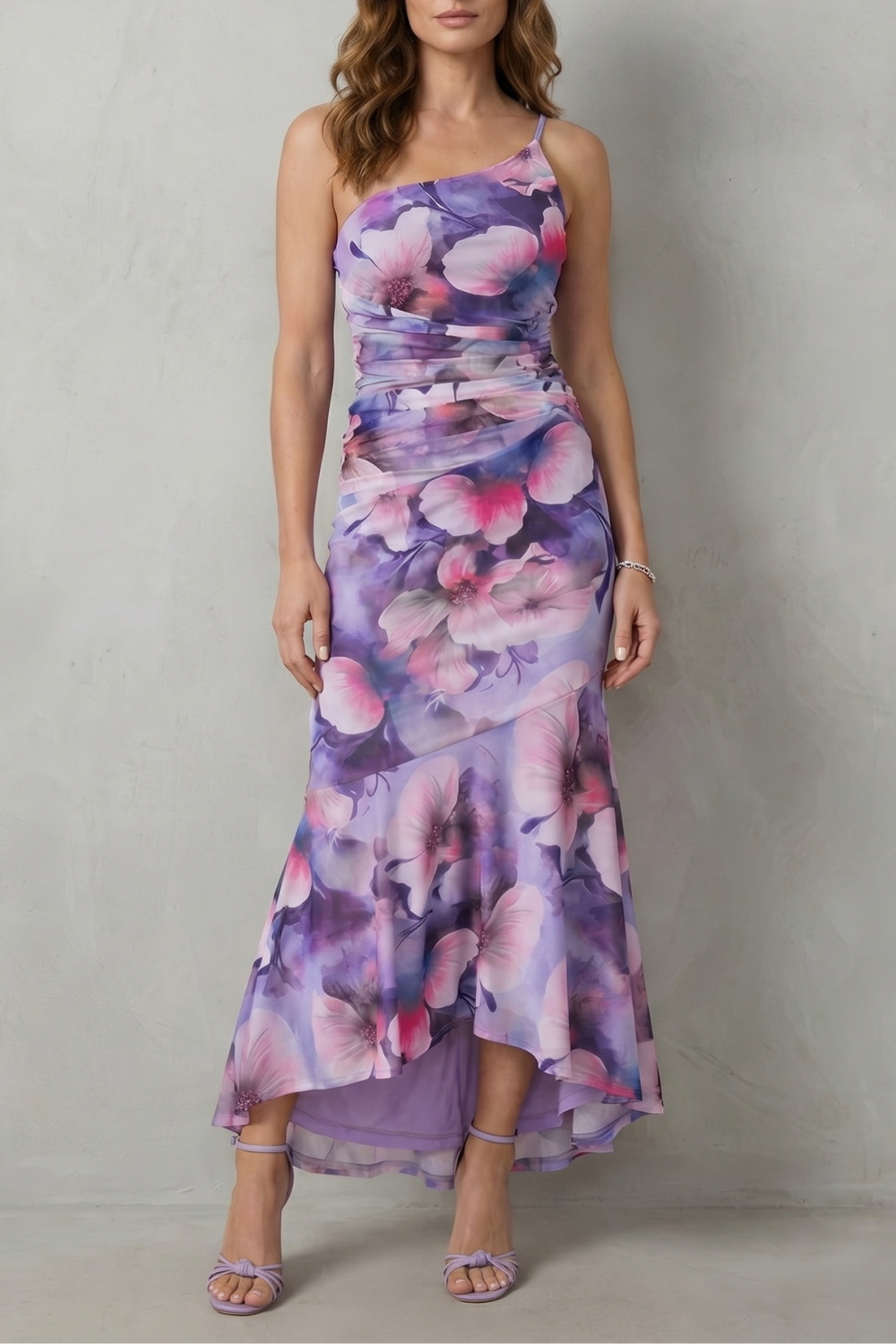 Phoebe | Maxi Dress Purple Floral Mesh One-Shoulder Ruched for Women