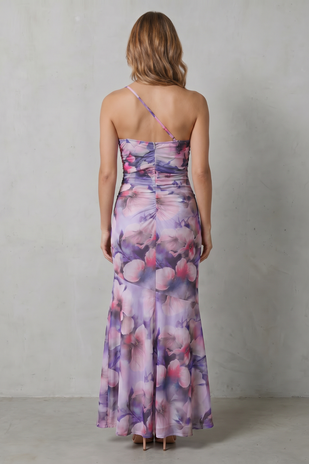 Phoebe | Maxi Dress Purple Floral Mesh One-Shoulder Ruched for Women