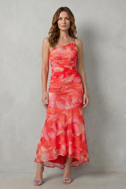 Phoebe | Maxi Dress Purple Floral Mesh One-Shoulder Ruched for Women