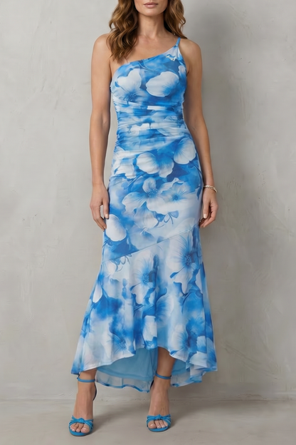 Phoebe | Maxi Dress Purple Floral Mesh One-Shoulder Ruched for Women