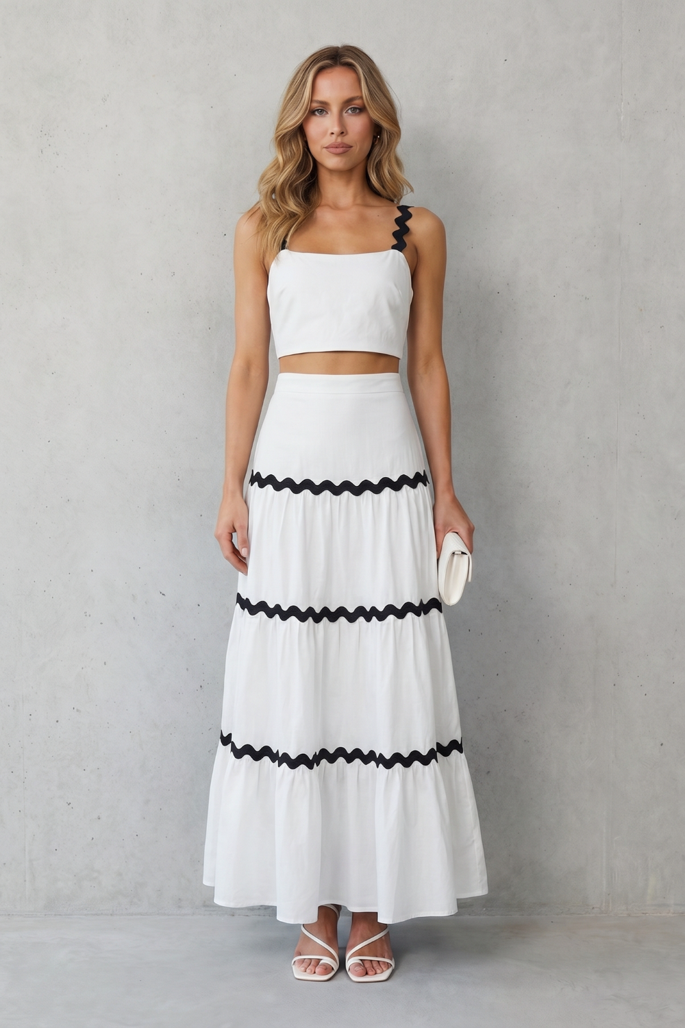 Elspeth | Maxi Co-Ord Set Blue Linen-Look Ric-Rac Trim Crop Top & Tiered Skirt for Women