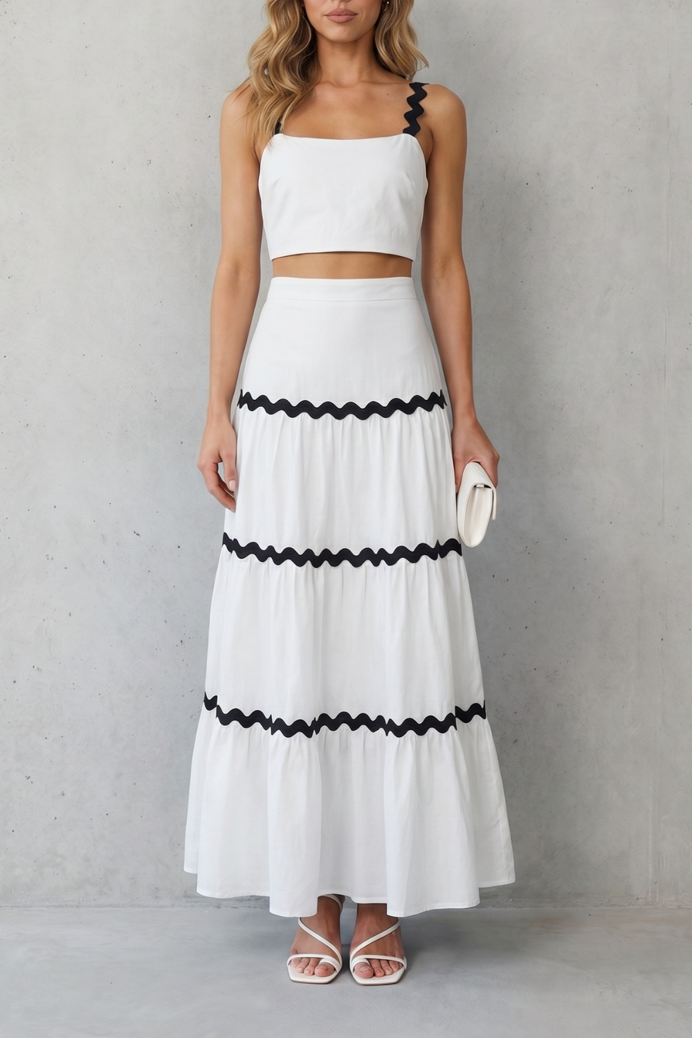 Elspeth | Maxi Co-Ord Set Blue Linen-Look Ric-Rac Trim Crop Top & Tiered Skirt for Women