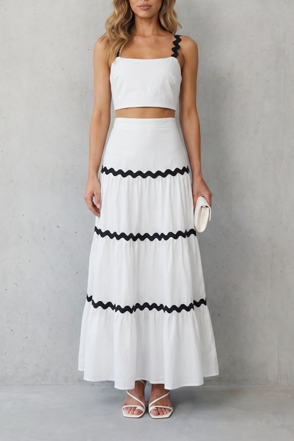 Elspeth | Maxi Co-Ord Set Blue Linen-Look Ric-Rac Trim Crop Top & Tiered Skirt for Women
