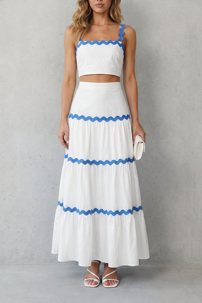 Elspeth | Maxi Co-Ord Set Blue Linen-Look Ric-Rac Trim Crop Top & Tiered Skirt for Women