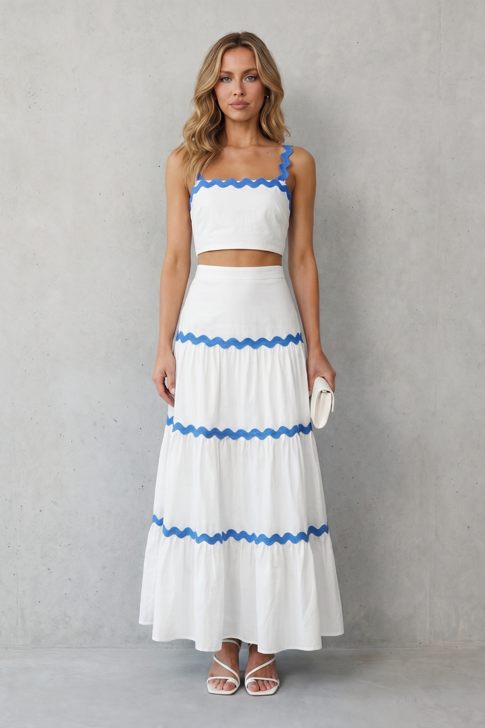 Elspeth | Maxi Co-Ord Set Blue Linen-Look Ric-Rac Trim Crop Top & Tiered Skirt for Women