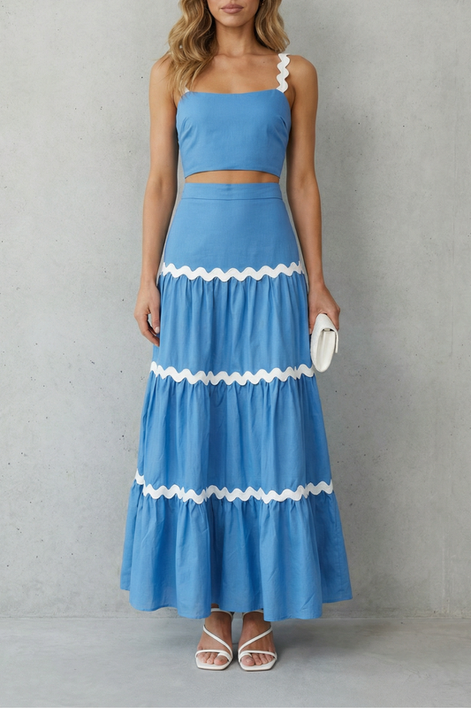 Elspeth | Maxi Co-Ord Set Blue Linen-Look Ric-Rac Trim Crop Top & Tiered Skirt for Women
