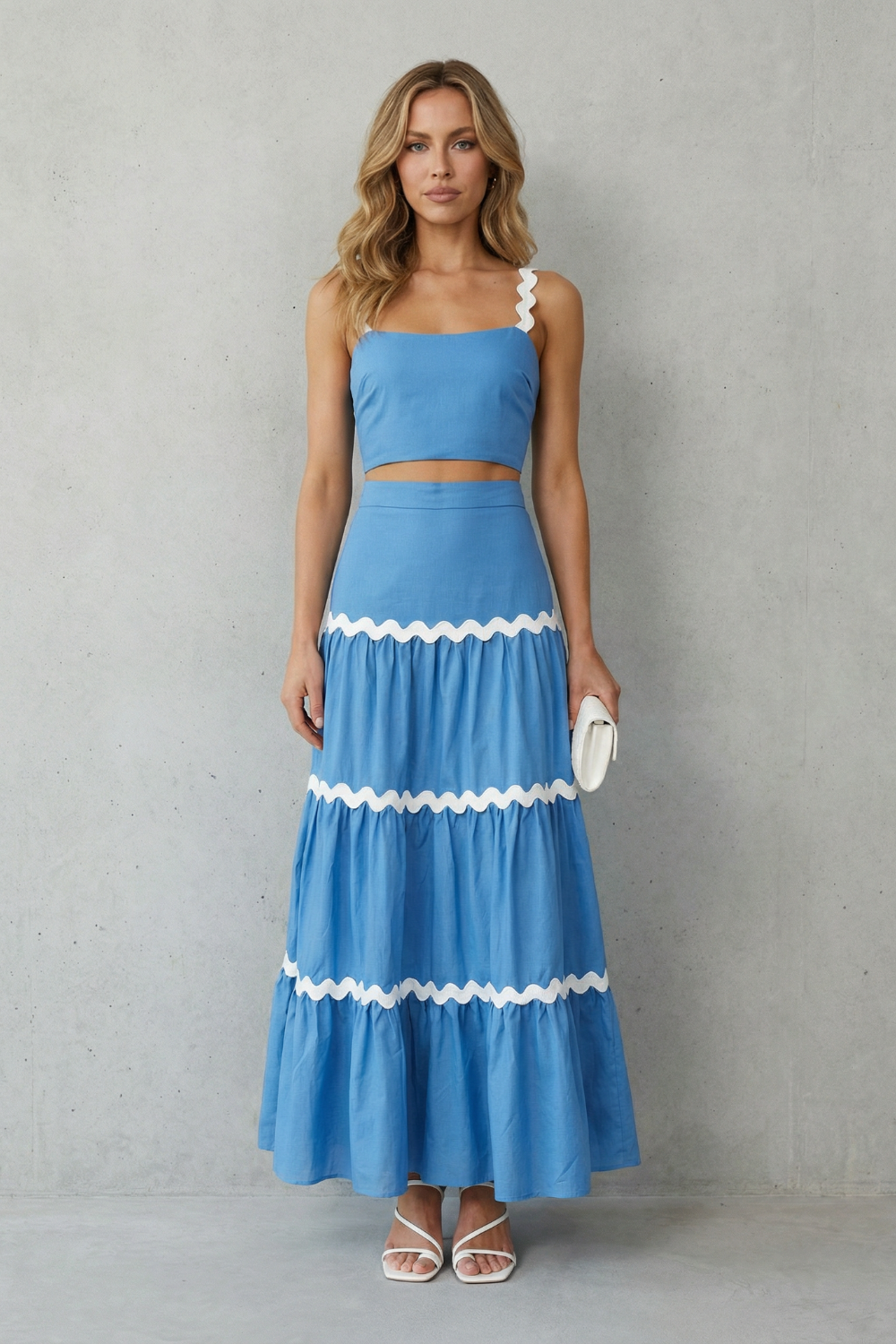 Elspeth | Maxi Co-Ord Set Blue Linen-Look Ric-Rac Trim Crop Top & Tiered Skirt for Women