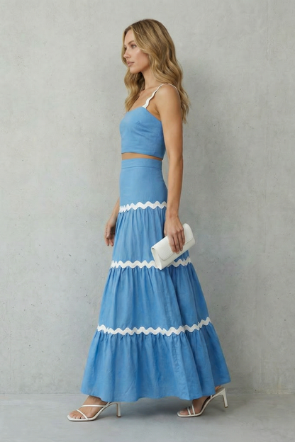 Elspeth | Maxi Co-Ord Set Blue Linen-Look Ric-Rac Trim Crop Top & Tiered Skirt for Women