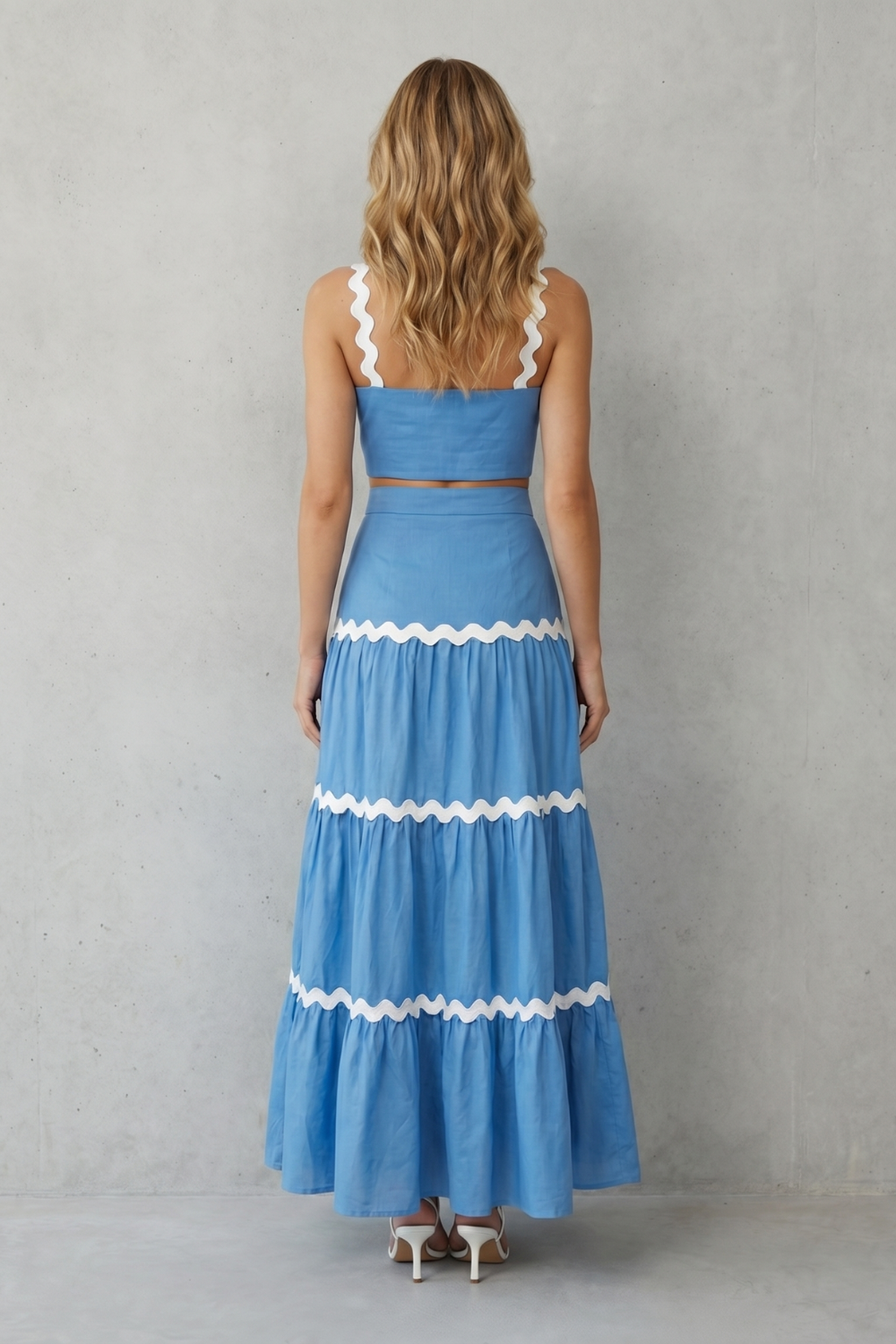 Elspeth | Maxi Co-Ord Set Blue Linen-Look Ric-Rac Trim Crop Top & Tiered Skirt for Women