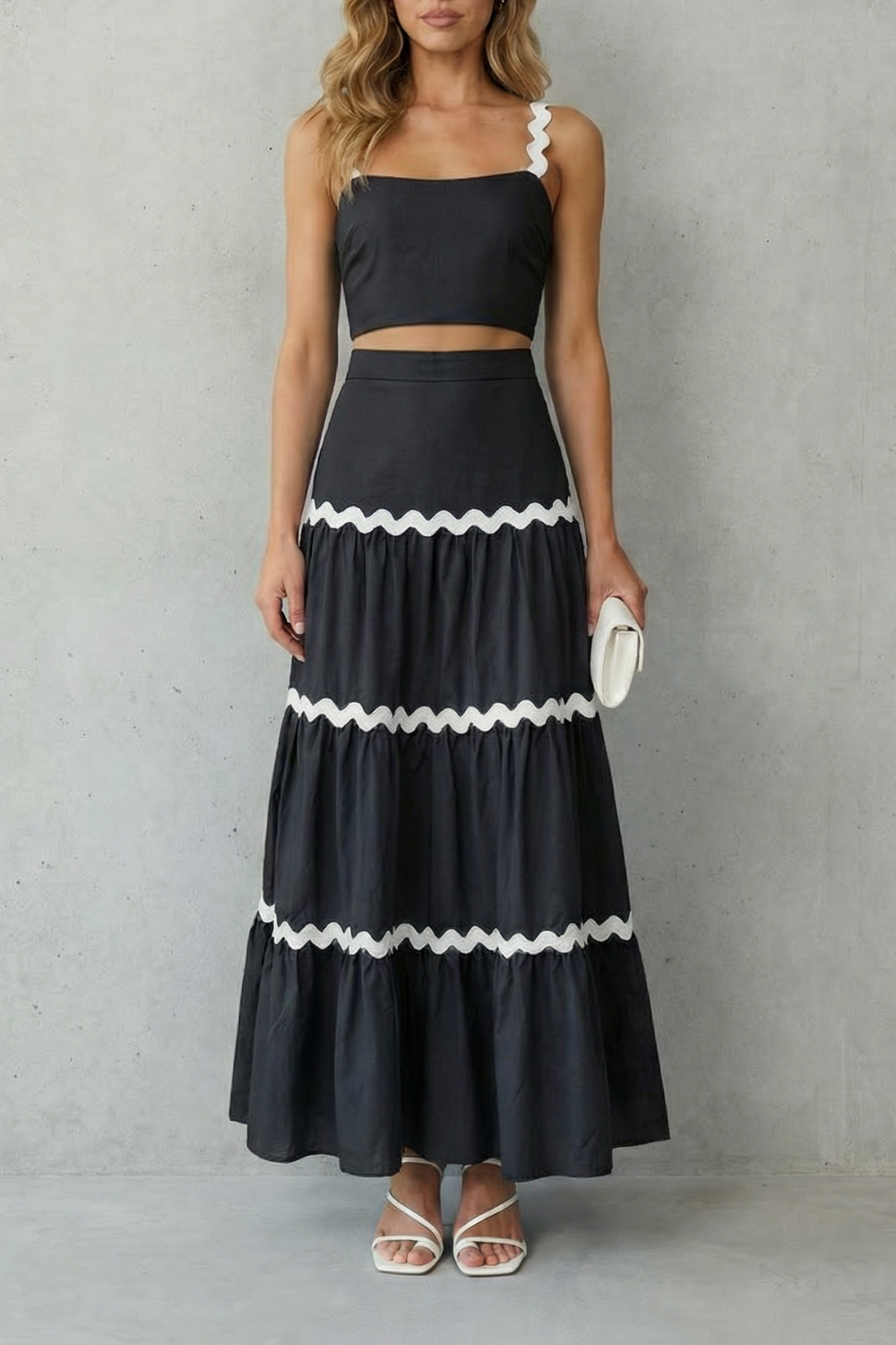 Elspeth | Maxi Co-Ord Set Blue Linen-Look Ric-Rac Trim Crop Top & Tiered Skirt for Women