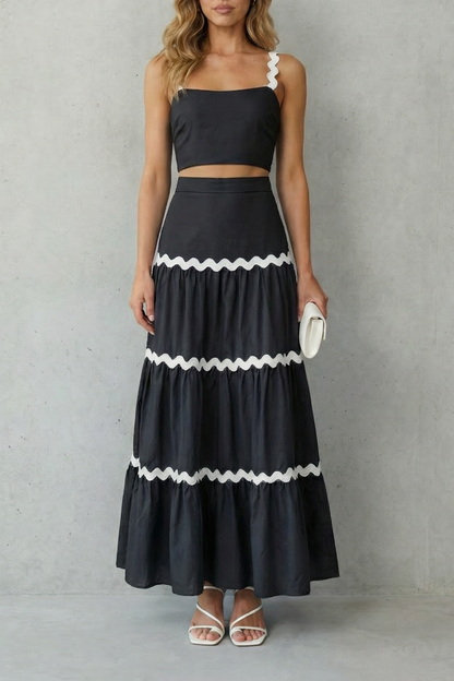 Elspeth | Maxi Co-Ord Set Blue Linen-Look Ric-Rac Trim Crop Top & Tiered Skirt for Women