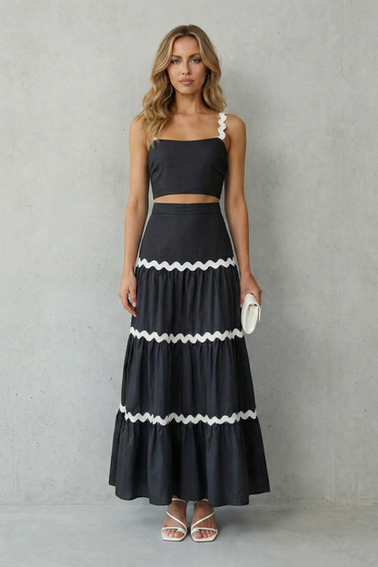 Elspeth | Maxi Co-Ord Set Blue Linen-Look Ric-Rac Trim Crop Top & Tiered Skirt for Women
