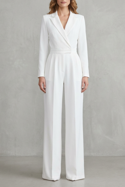 Phoebe | Jumpsuit White Crepe Wide-Leg Tuxedo Long Sleeve for Women