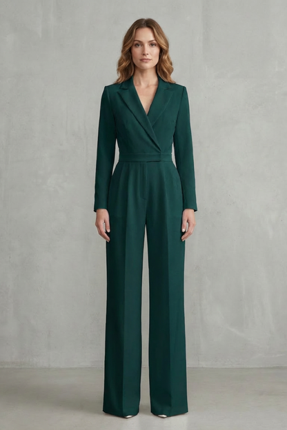 Phoebe | Jumpsuit White Crepe Wide-Leg Tuxedo Long Sleeve for Women